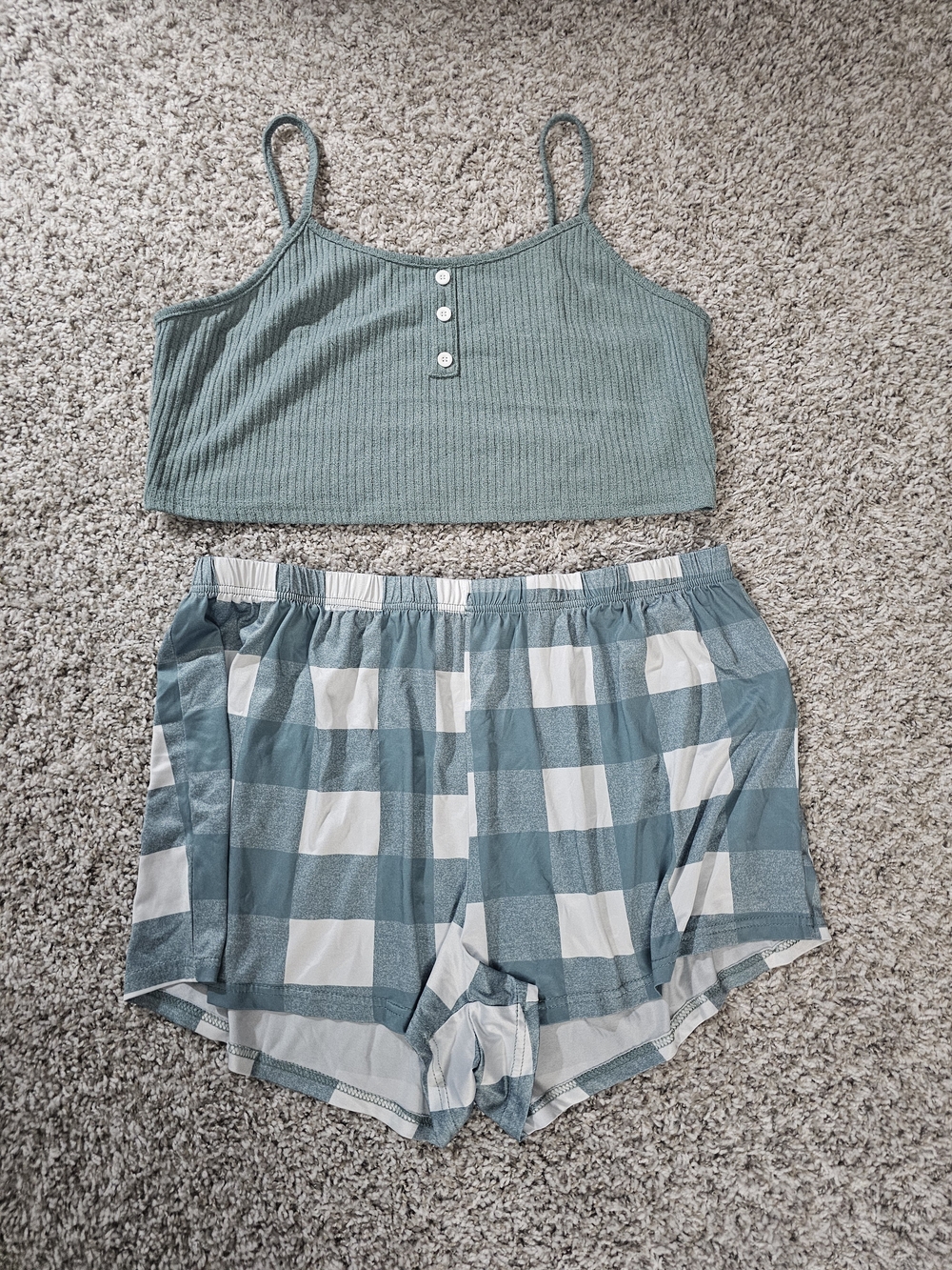 Women's Ribbed Crop Cami & Checked Short Sleep Set - Sage Blue